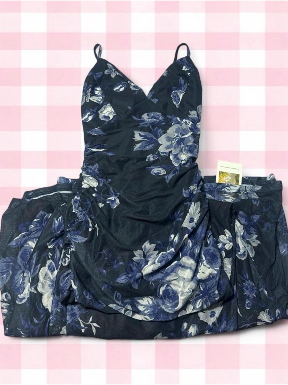 Strapless Navy Floral Dress with Spaghetti Straps - Women